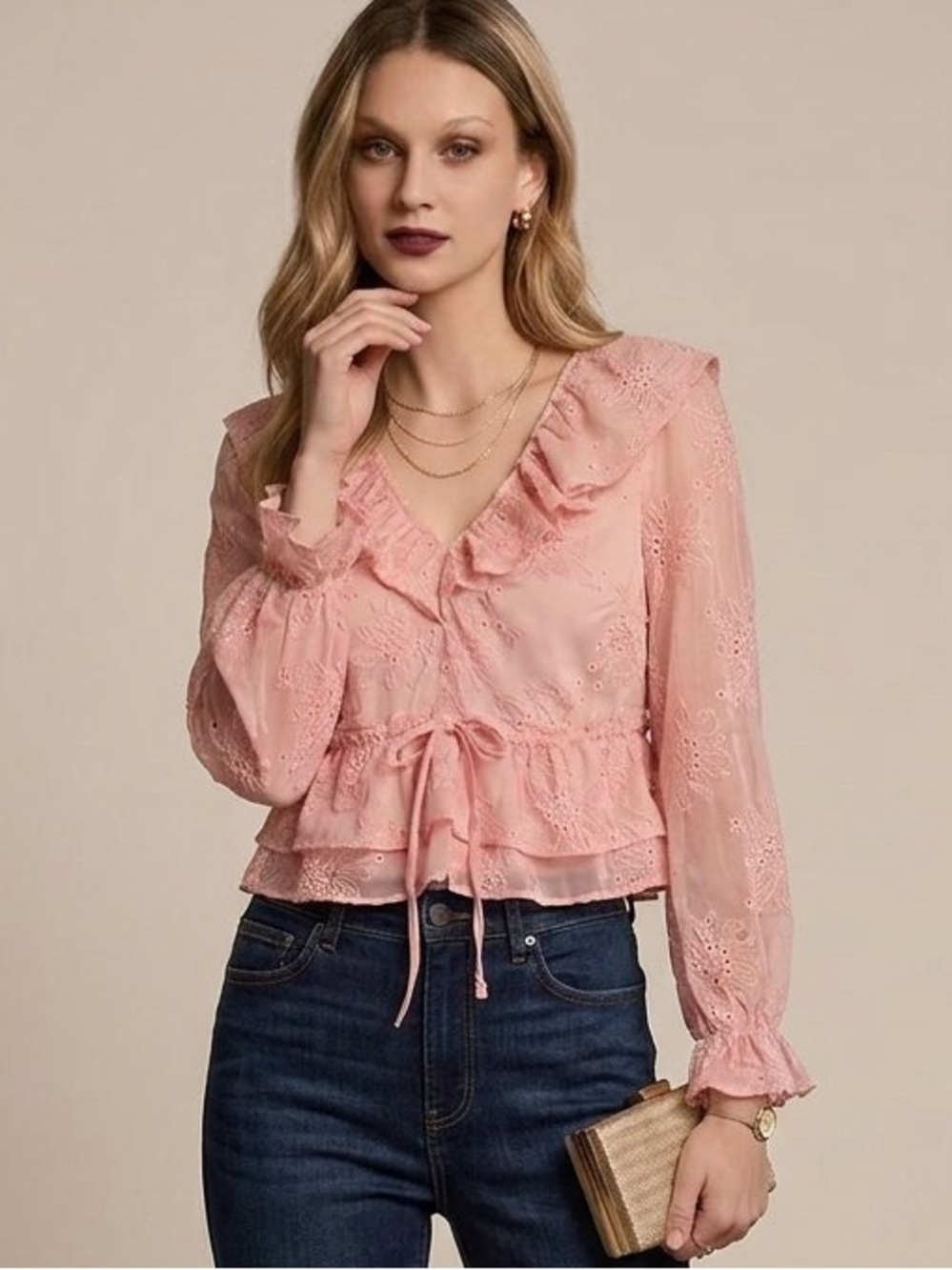 Pink Embroidered Ruffled Tiered Tie-Front Crop Top Blouse • Size Large • NWT